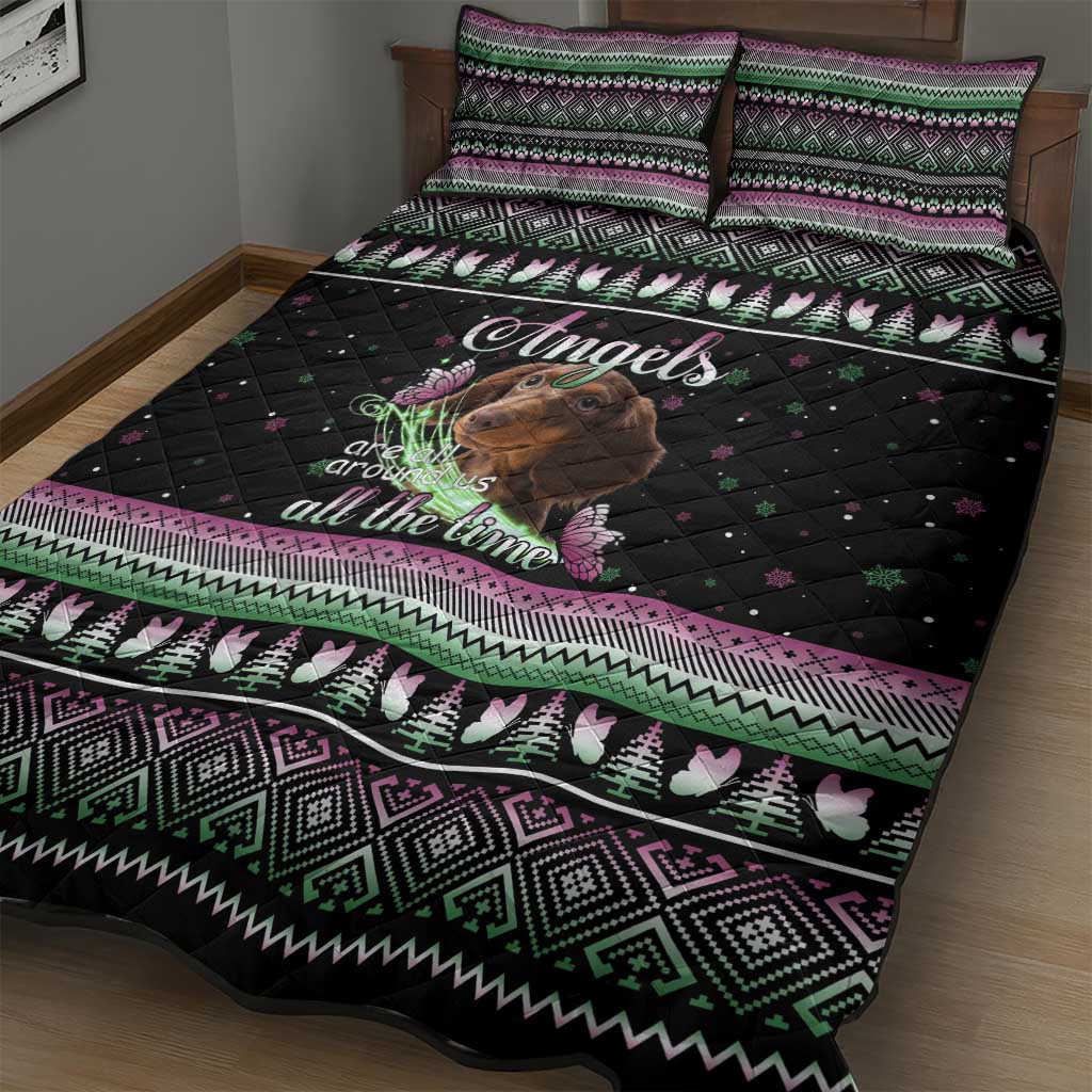 Christmas Dachshund Angel Dog Quilt Bed Set Pink Green Tree Feather Pattern Design - Wonder Print Shop