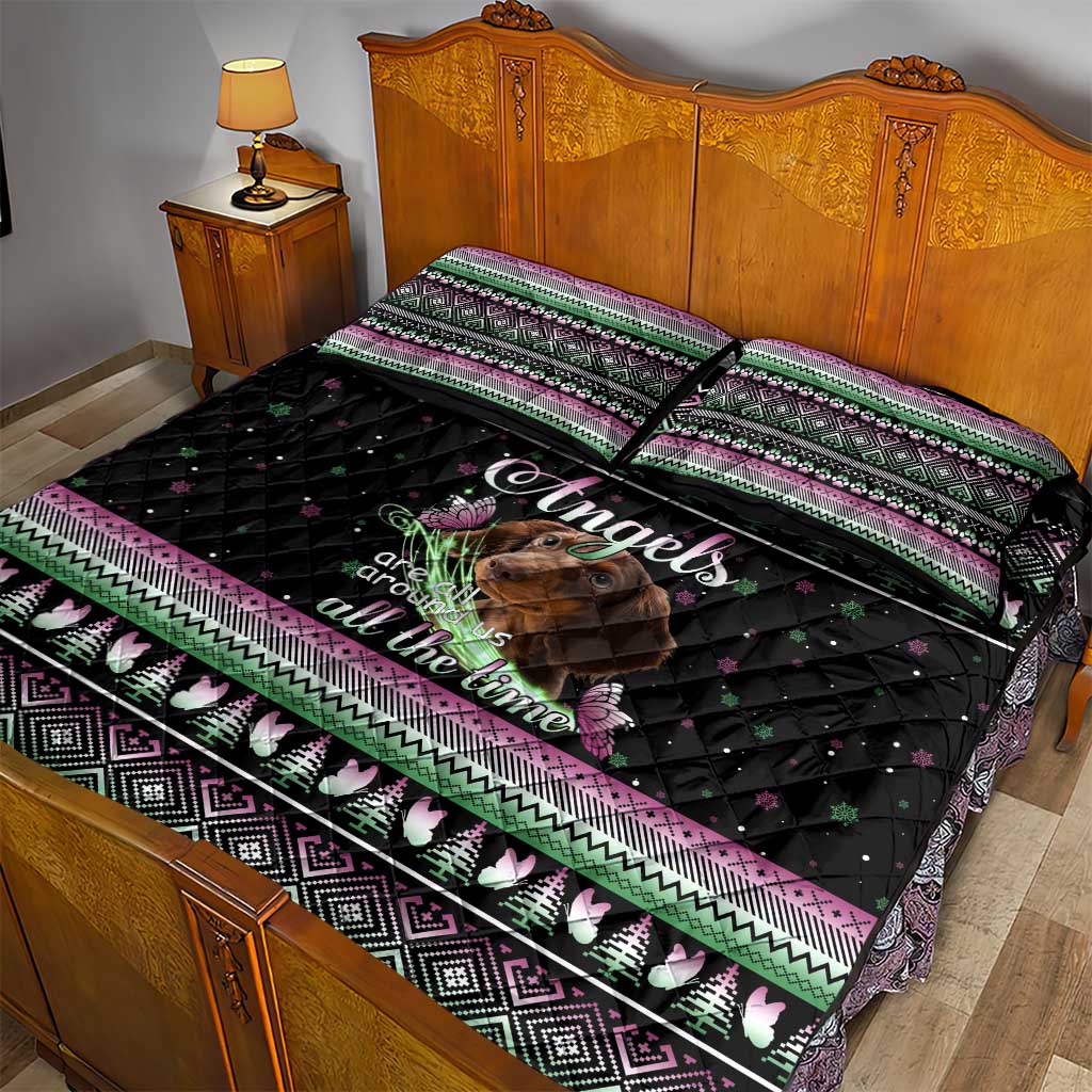 Christmas Dachshund Angel Dog Quilt Bed Set Pink Green Tree Feather Pattern Design - Wonder Print Shop