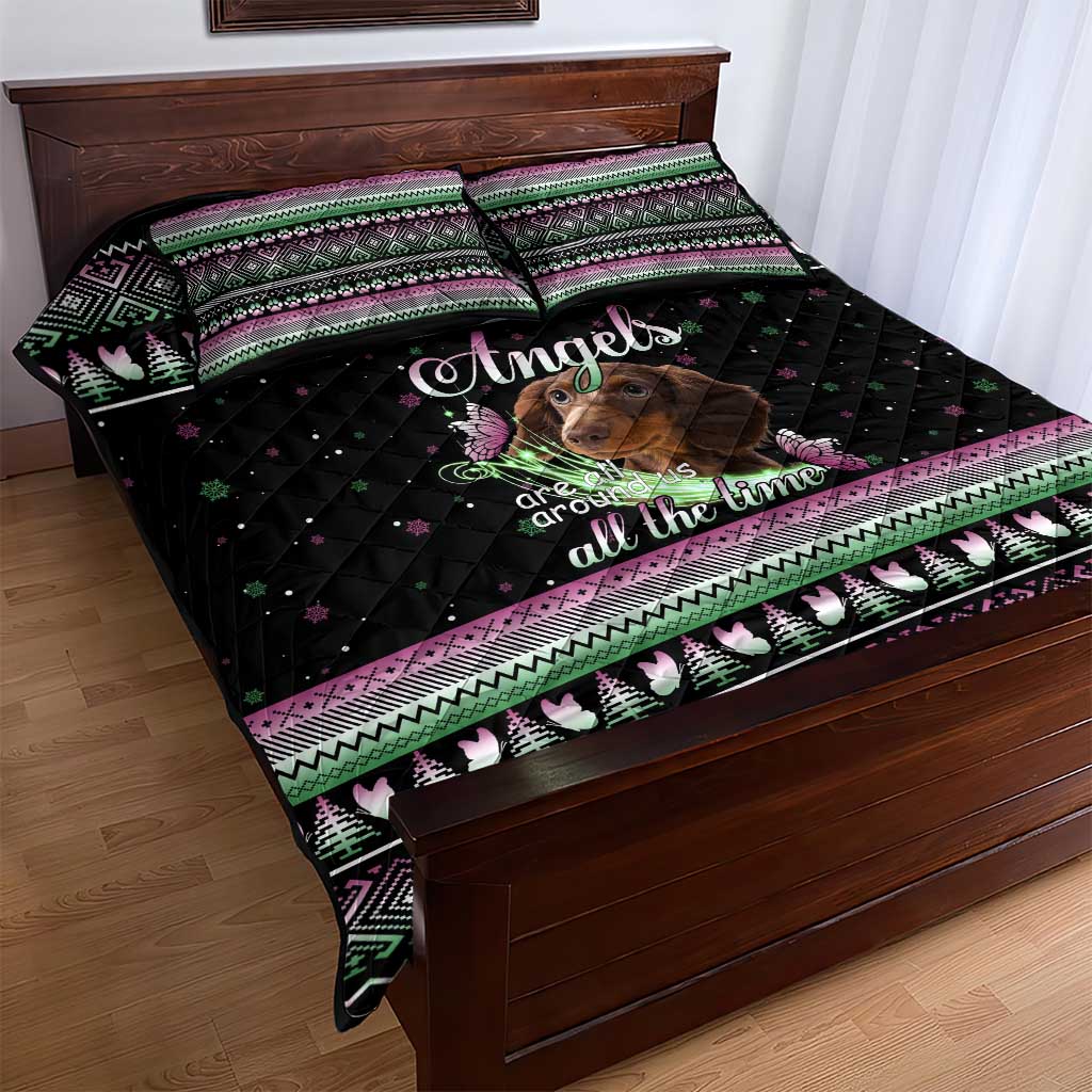 Christmas Dachshund Angel Dog Quilt Bed Set Pink Green Tree Feather Pattern Design - Wonder Print Shop