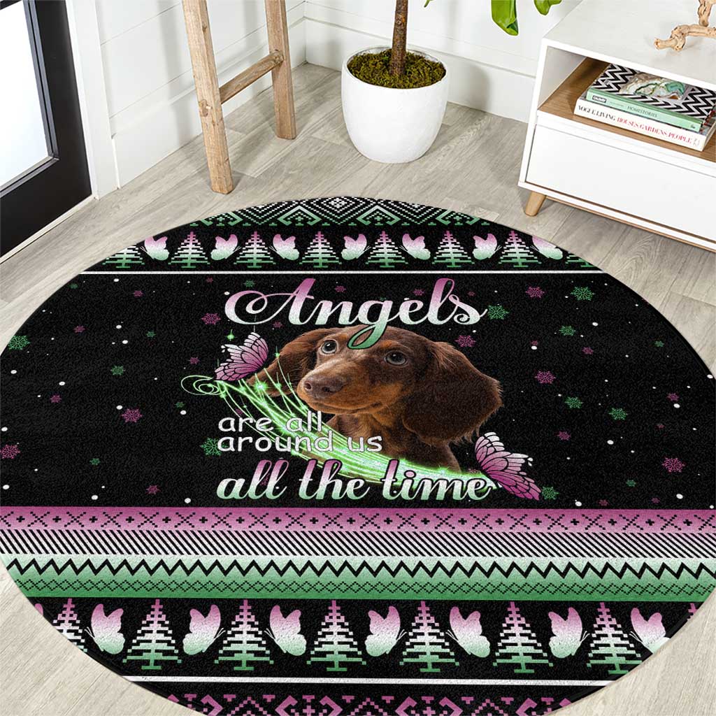 Christmas Dachshund Angel Dog Round Carpet Pink Green Tree Feather Pattern Design - Wonder Print Shop