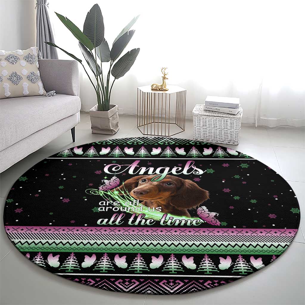Christmas Dachshund Angel Dog Round Carpet Pink Green Tree Feather Pattern Design - Wonder Print Shop