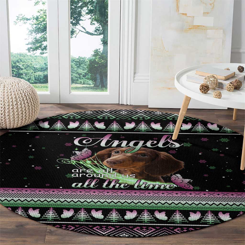 Christmas Dachshund Angel Dog Round Carpet Pink Green Tree Feather Pattern Design - Wonder Print Shop