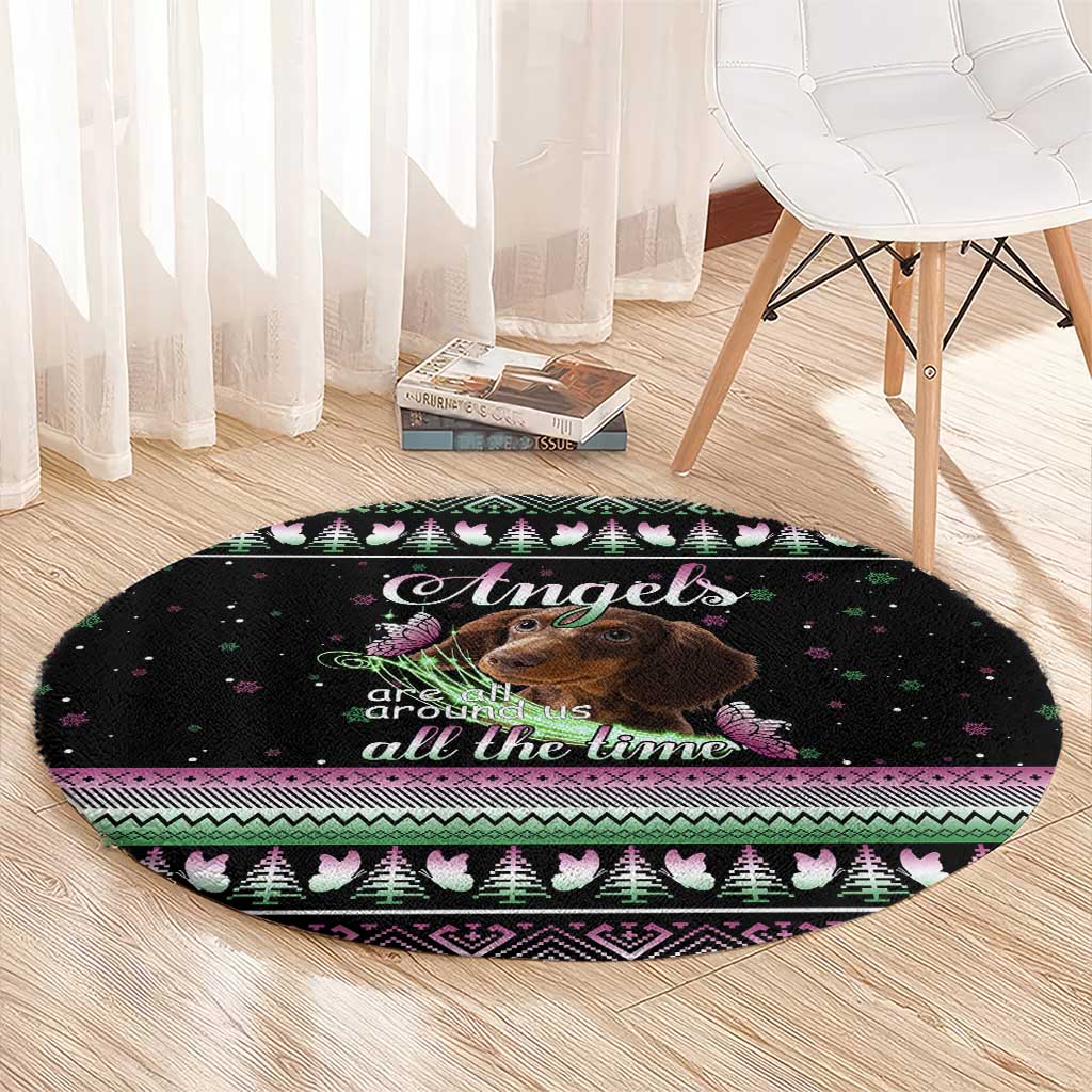 Christmas Dachshund Angel Dog Round Carpet Pink Green Tree Feather Pattern Design - Wonder Print Shop