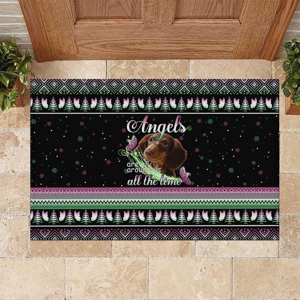 Christmas Dachshund Angel Dog Rubber Doormat Pink Green Tree Feather Pattern Design - Wonder Print Shop