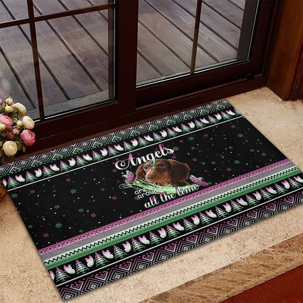 Christmas Dachshund Angel Dog Rubber Doormat Pink Green Tree Feather Pattern Design - Wonder Print Shop