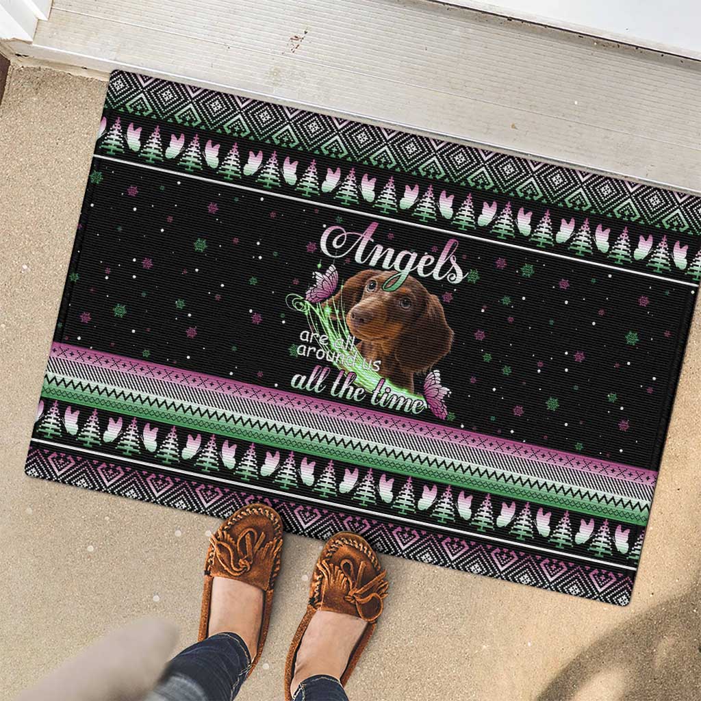 Christmas Dachshund Angel Dog Rubber Doormat Pink Green Tree Feather Pattern Design - Wonder Print Shop