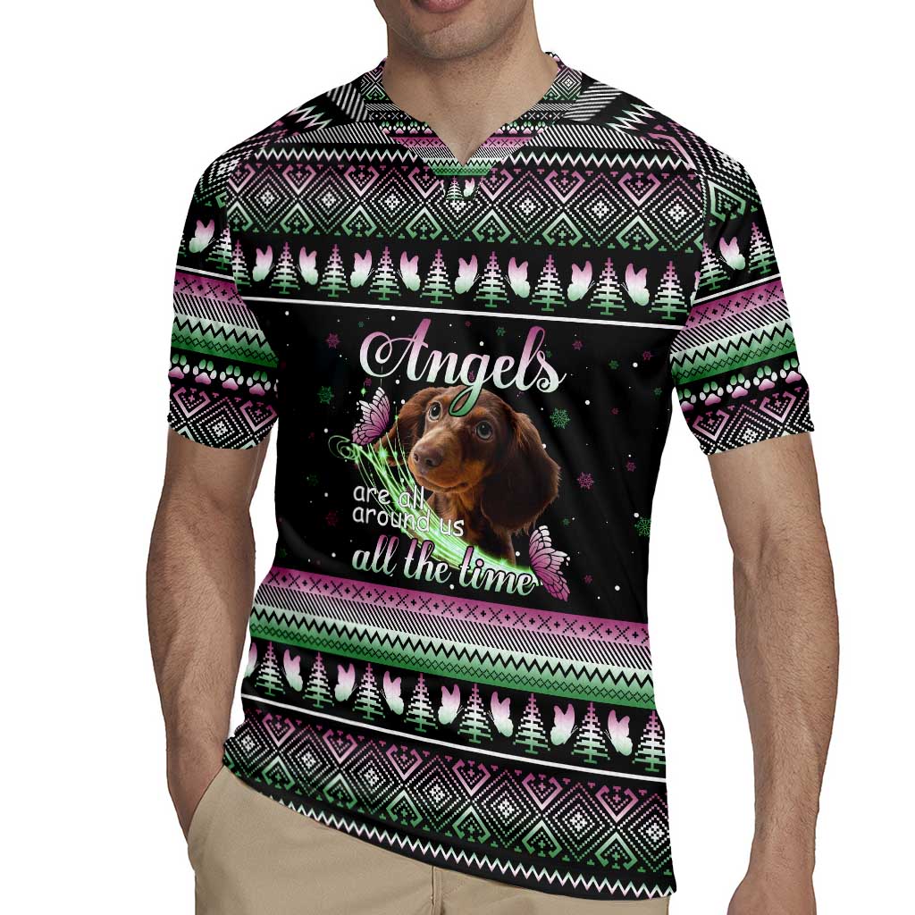 Christmas Dachshund Angel Dog Rugby Jersey Pink Green Tree Feather Pattern Design - Wonder Print Shop
