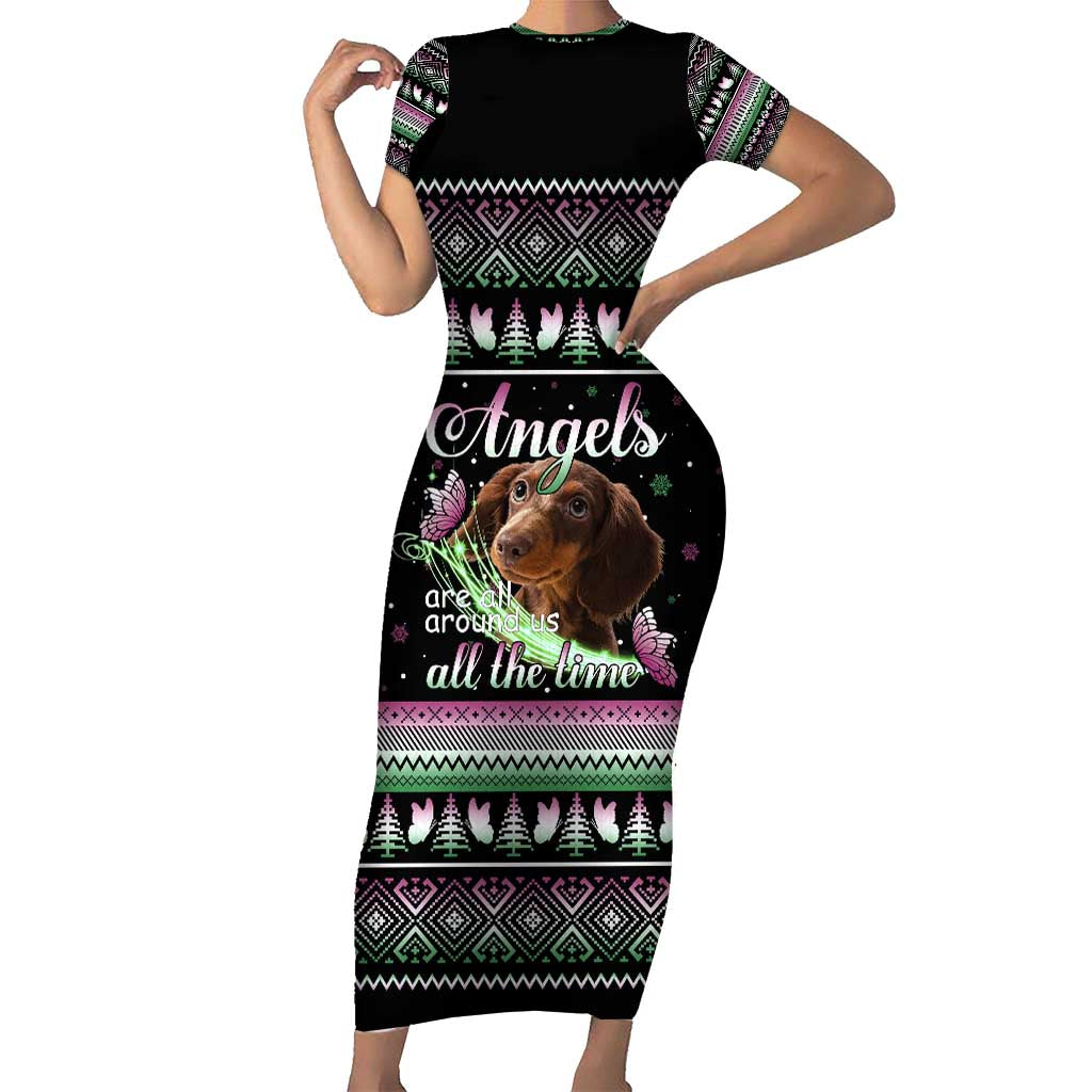 Christmas Dachshund Angel Dog Short Sleeve Bodycon Dress Pink Green Tree Feather Pattern Design - Wonder Print Shop