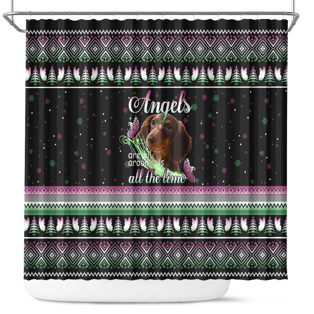 Christmas Dachshund Angel Dog Shower Curtain Pink Green Tree Feather Pattern Design - Wonder Print Shop