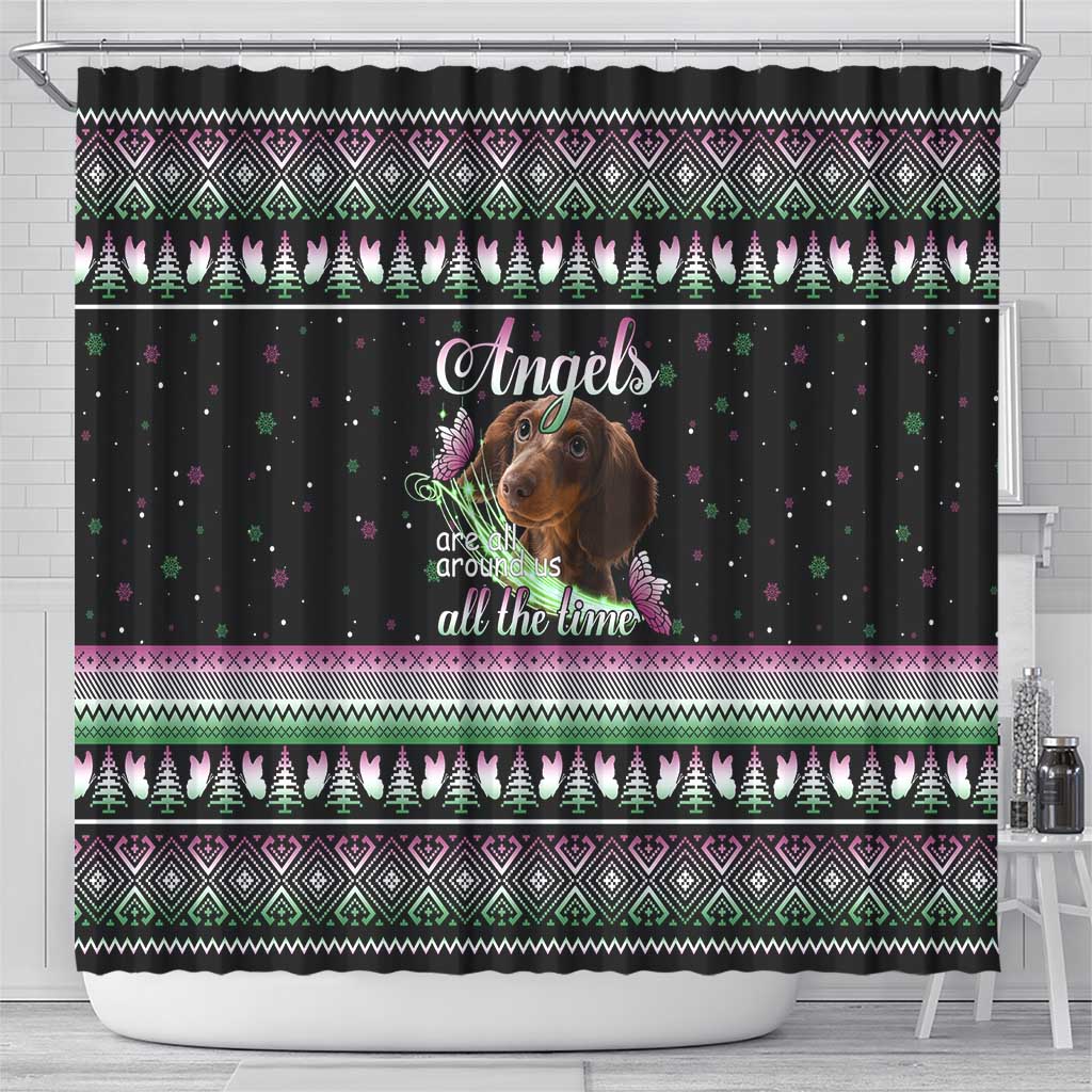 Christmas Dachshund Angel Dog Shower Curtain Pink Green Tree Feather Pattern Design - Wonder Print Shop
