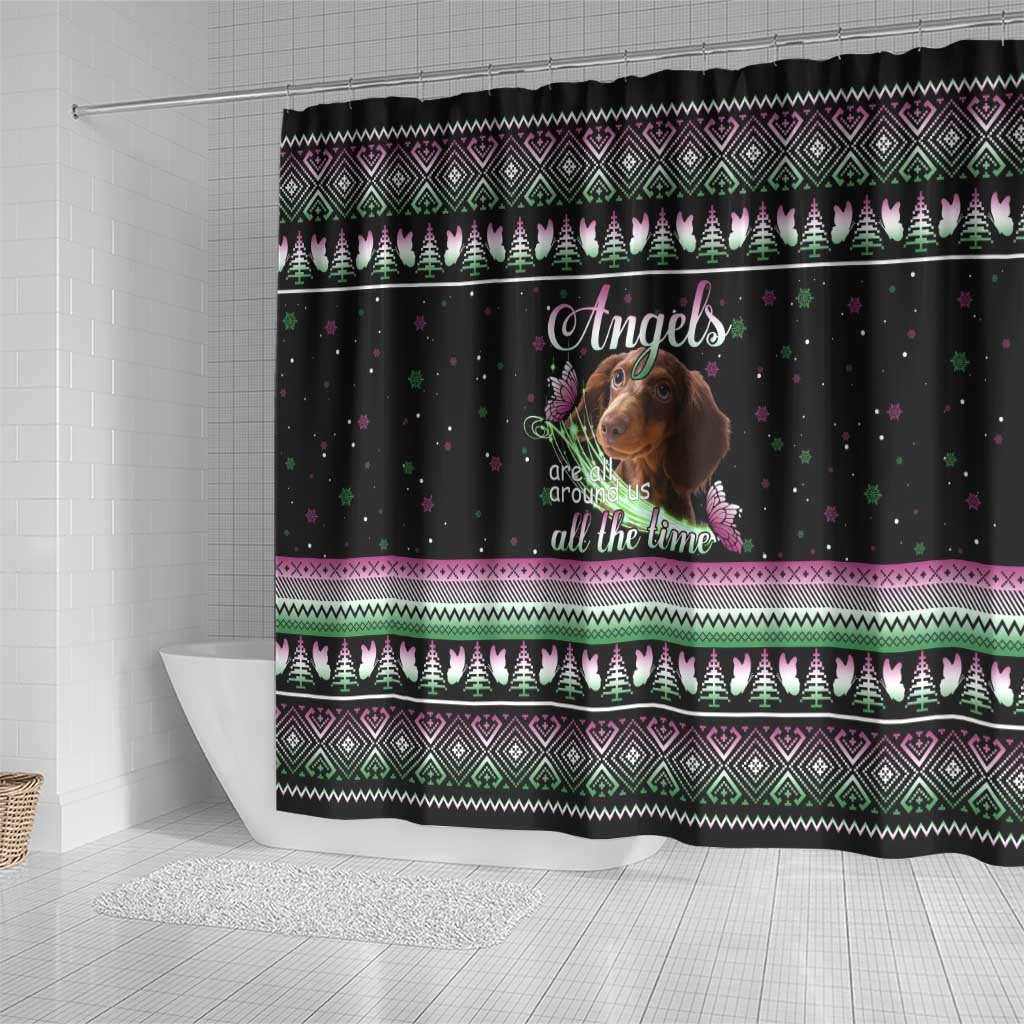 Christmas Dachshund Angel Dog Shower Curtain Pink Green Tree Feather Pattern Design - Wonder Print Shop