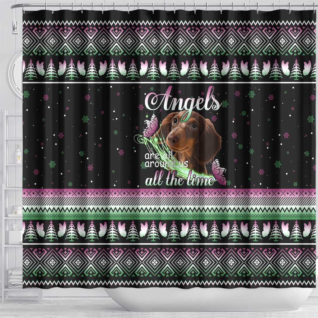 Christmas Dachshund Angel Dog Shower Curtain Pink Green Tree Feather Pattern Design - Wonder Print Shop