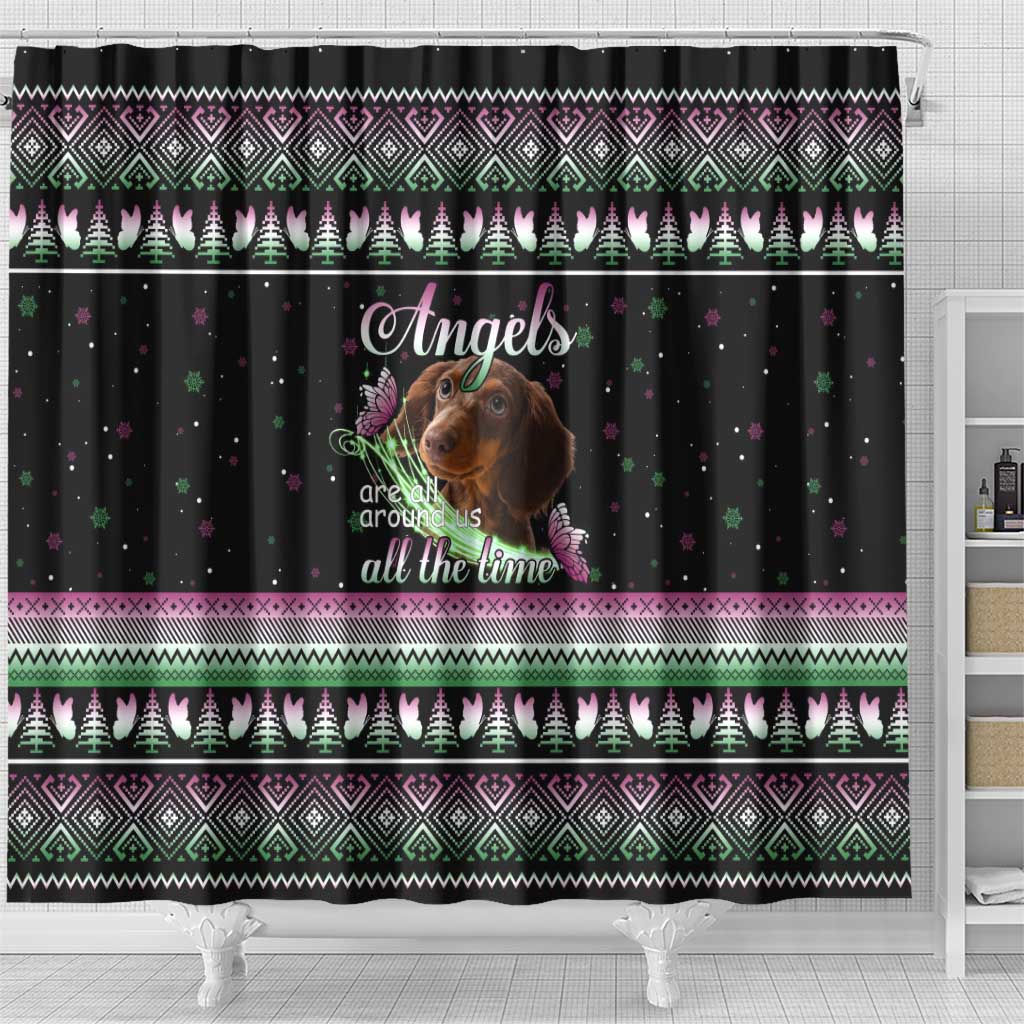Christmas Dachshund Angel Dog Shower Curtain Pink Green Tree Feather Pattern Design - Wonder Print Shop