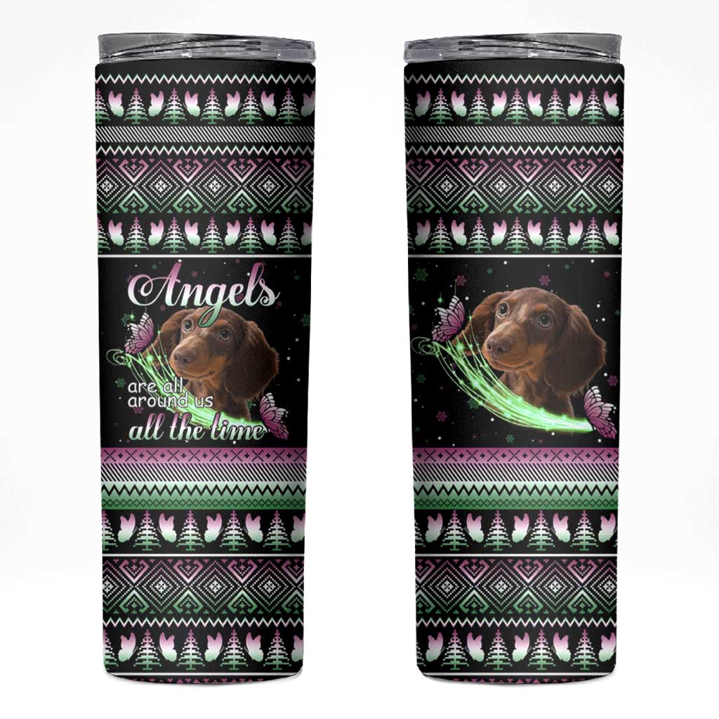 Christmas Dachshund Angel Dog Skinny Tumbler Pink Green Tree Feather Pattern Design - Wonder Print Shop