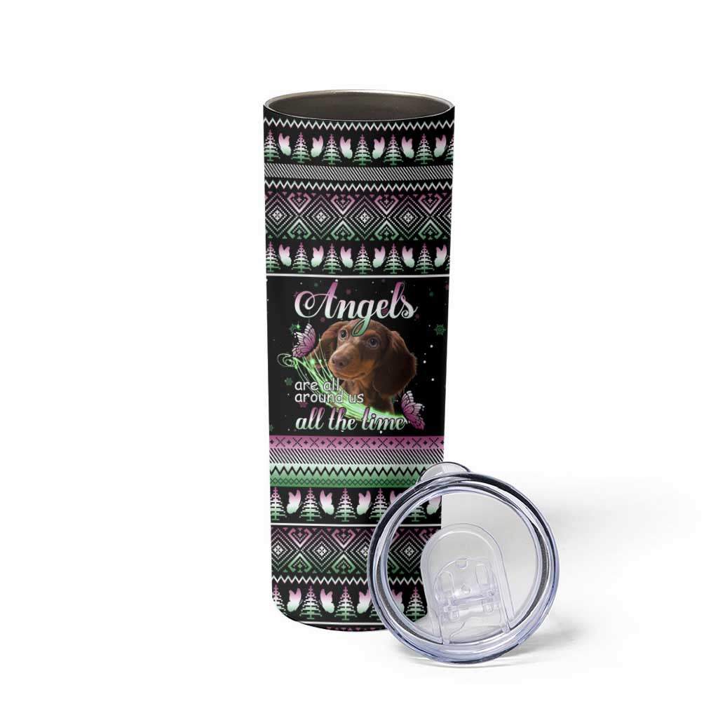 Christmas Dachshund Angel Dog Skinny Tumbler Pink Green Tree Feather Pattern Design - Wonder Print Shop