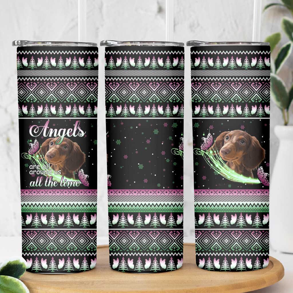 Christmas Dachshund Angel Dog Skinny Tumbler Pink Green Tree Feather Pattern Design - Wonder Print Shop
