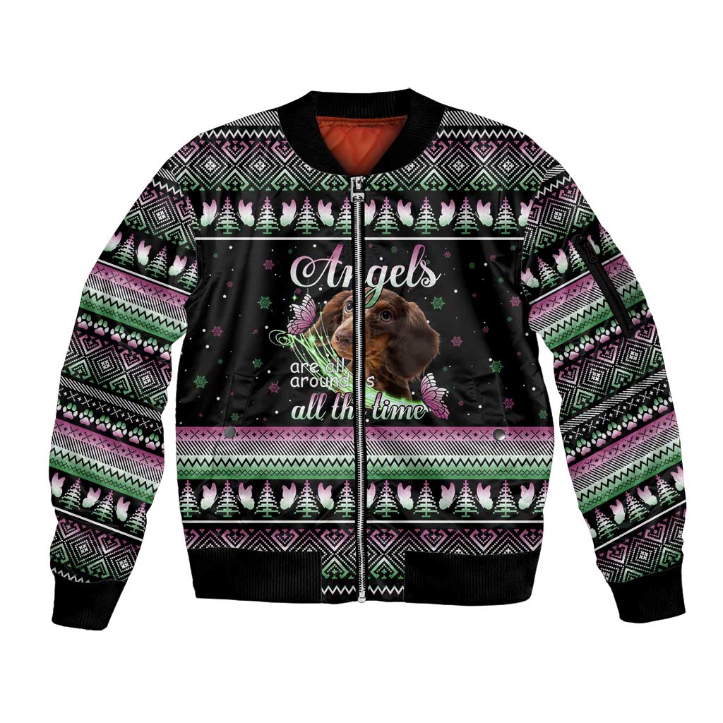 Christmas Dachshund Angel Dog Sleeve Zip Bomber Jacket Pink Green Tree Feather Pattern Design - Wonder Print Shop