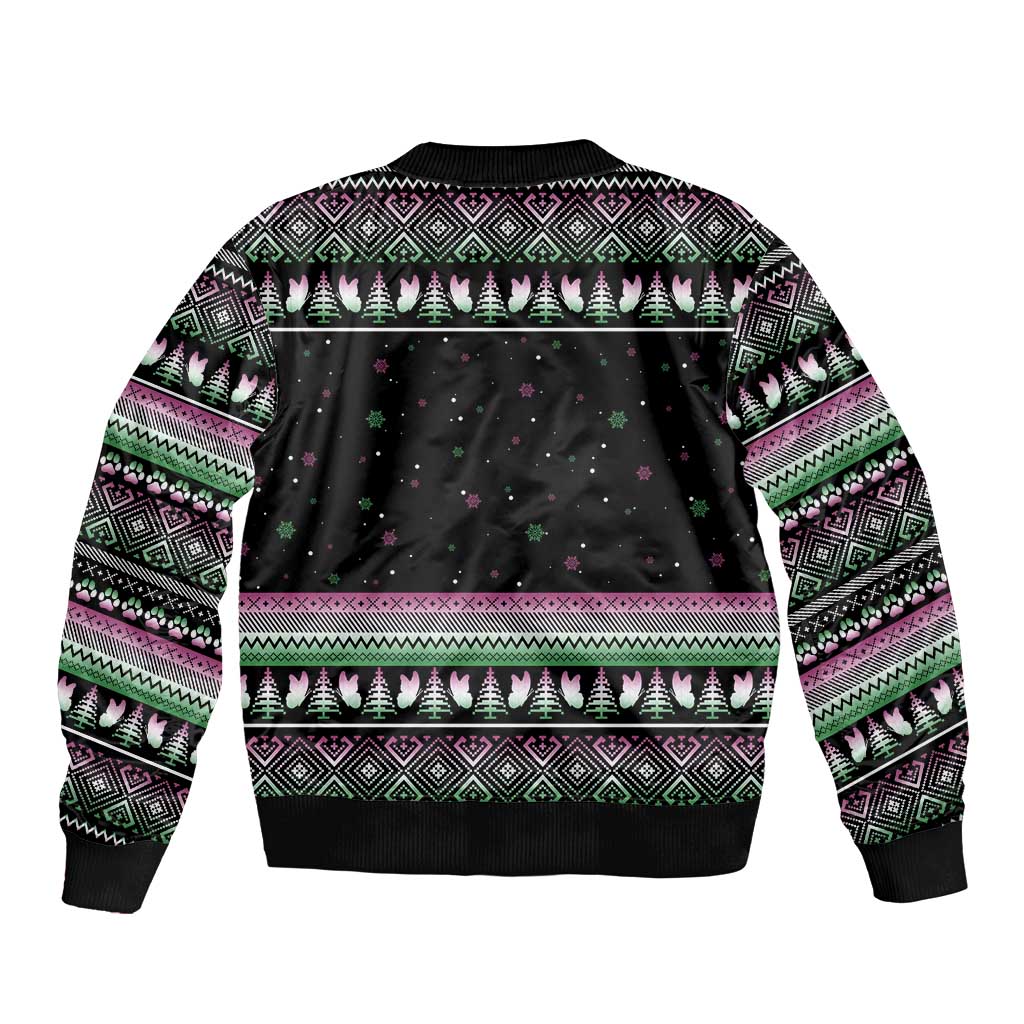 Christmas Dachshund Angel Dog Sleeve Zip Bomber Jacket Pink Green Tree Feather Pattern Design - Wonder Print Shop