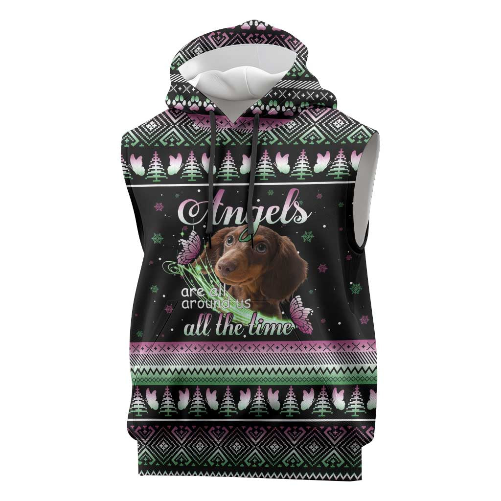 Christmas Dachshund Angel Dog Sleeveless Hoodie Pink Green Tree Feather Pattern Design - Wonder Print Shop