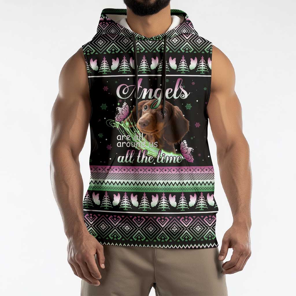 Christmas Dachshund Angel Dog Sleeveless Hoodie Pink Green Tree Feather Pattern Design - Wonder Print Shop