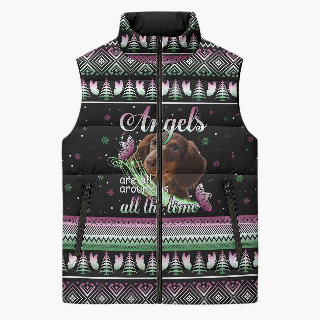 Christmas Dachshund Angel Dog Sleeveless Puffer Jacket Pink Green Tree Feather Pattern Design - Wonder Print Shop