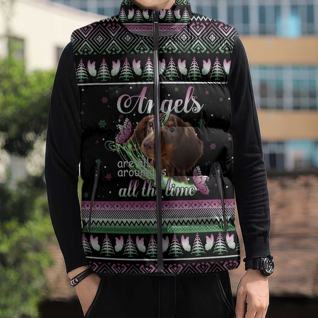 Christmas Dachshund Angel Dog Sleeveless Puffer Jacket Pink Green Tree Feather Pattern Design - Wonder Print Shop