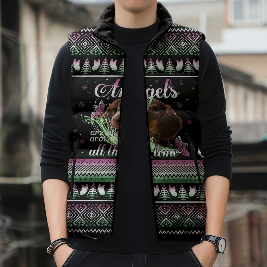 Christmas Dachshund Angel Dog Sleeveless Puffer Jacket Pink Green Tree Feather Pattern Design - Wonder Print Shop