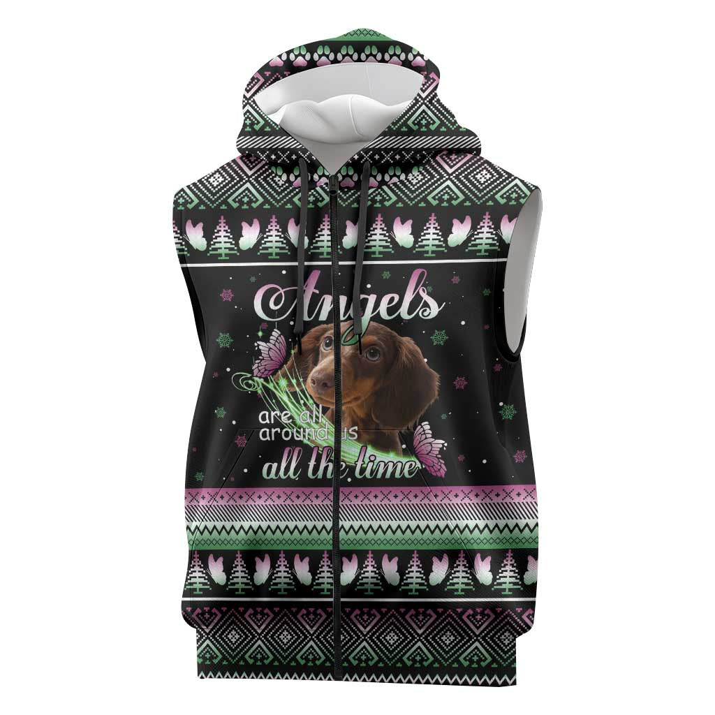 Christmas Dachshund Angel Dog Sleeveless Zip Hoodie Pink Green Tree Feather Pattern Design - Wonder Print Shop
