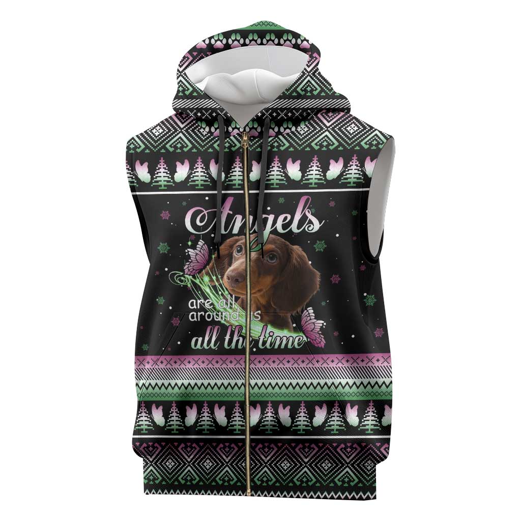 Christmas Dachshund Angel Dog Sleeveless Zip Hoodie Pink Green Tree Feather Pattern Design - Wonder Print Shop