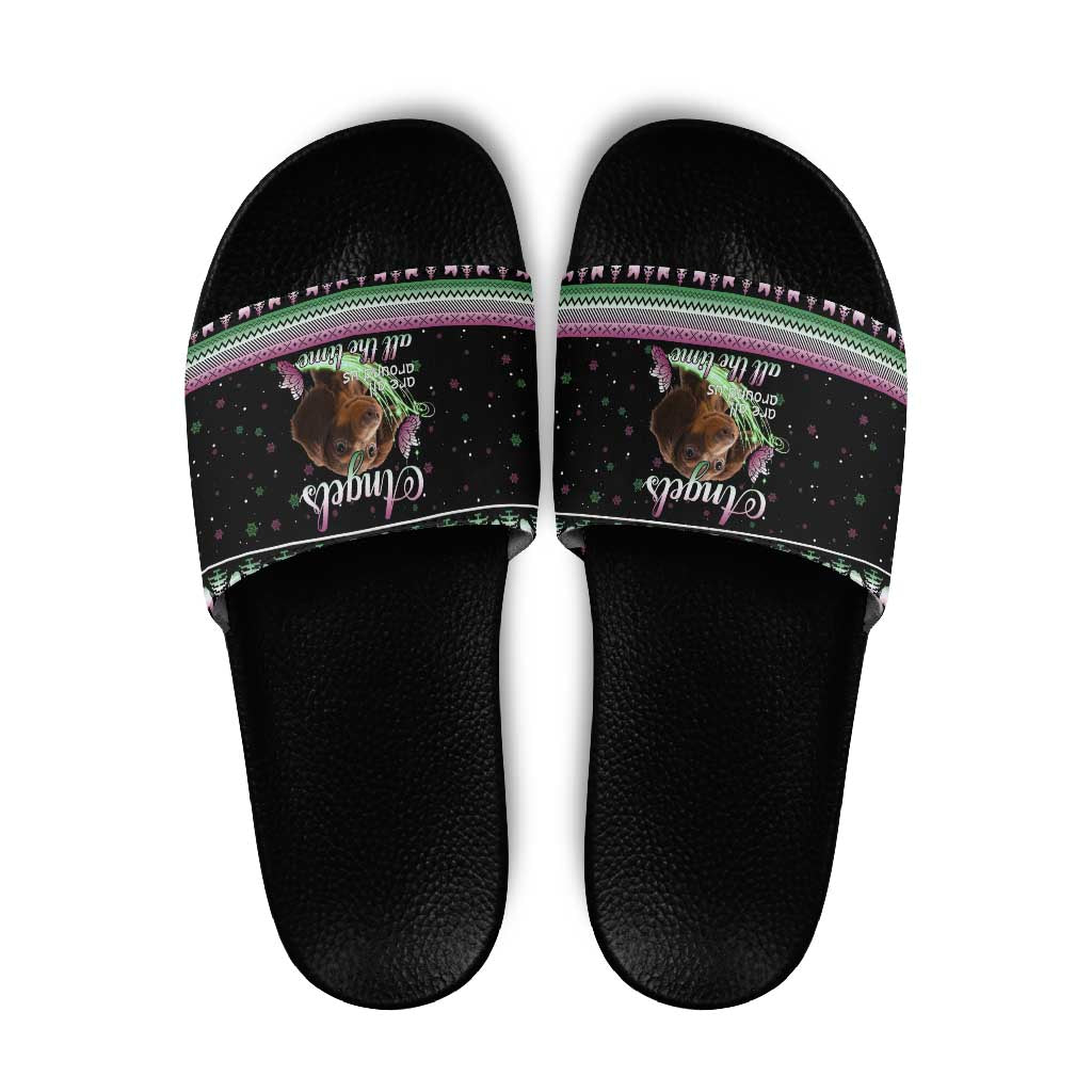 Christmas Dachshund Angel Dog Slide Sandals Pink Green Tree Feather Pattern Design - Wonder Print Shop