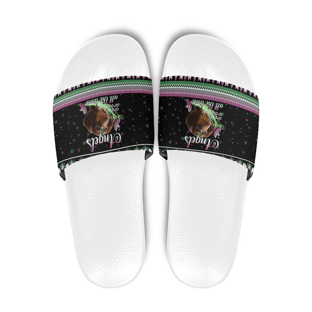 Christmas Dachshund Angel Dog Slide Sandals Pink Green Tree Feather Pattern Design - Wonder Print Shop