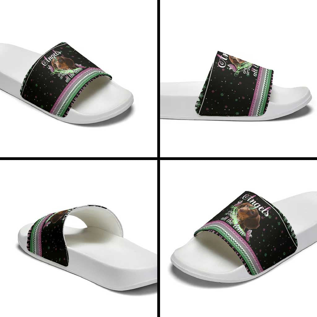 Christmas Dachshund Angel Dog Slide Sandals Pink Green Tree Feather Pattern Design - Wonder Print Shop