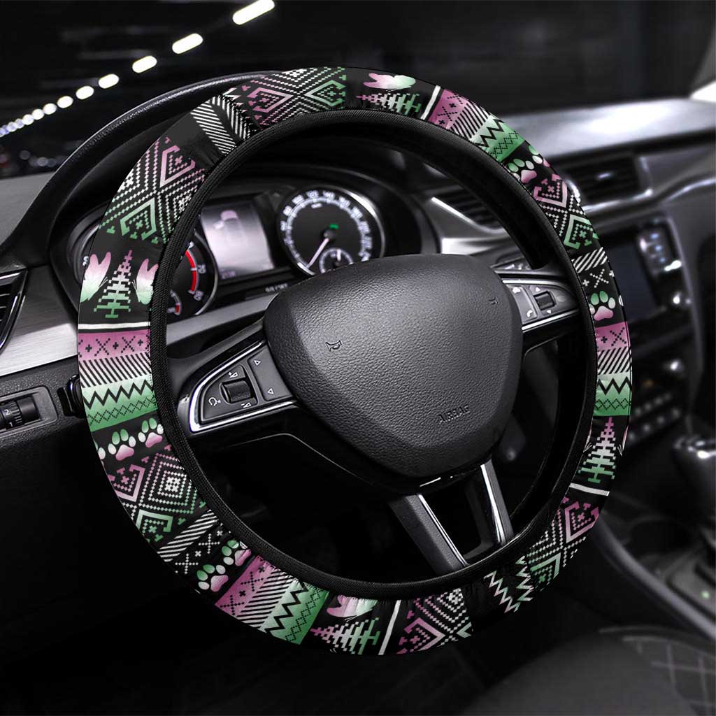 Christmas Dachshund Angel Dog Steering Wheel Cover Pink Green Tree Feather Pattern Design - Wonder Print Shop