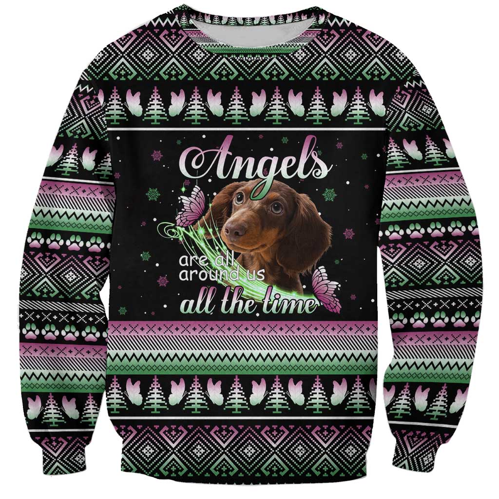 Christmas Dachshund Angel Dog Sweatshirt Pink Green Tree Feather Pattern Design - Wonder Print Shop