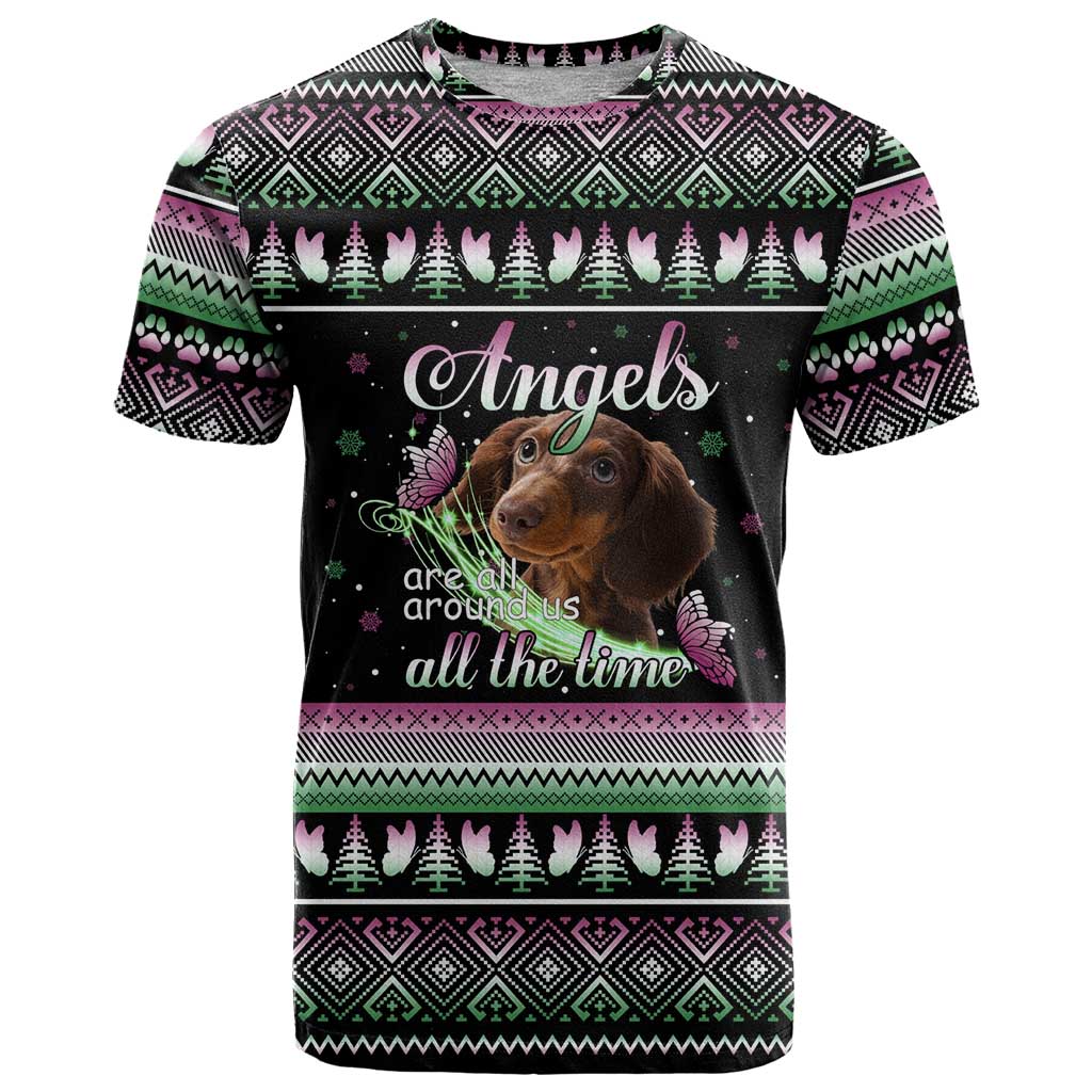 Christmas Dachshund Angel Dog T Shirt Pink Green Tree Feather Pattern Design - Wonder Print Shop