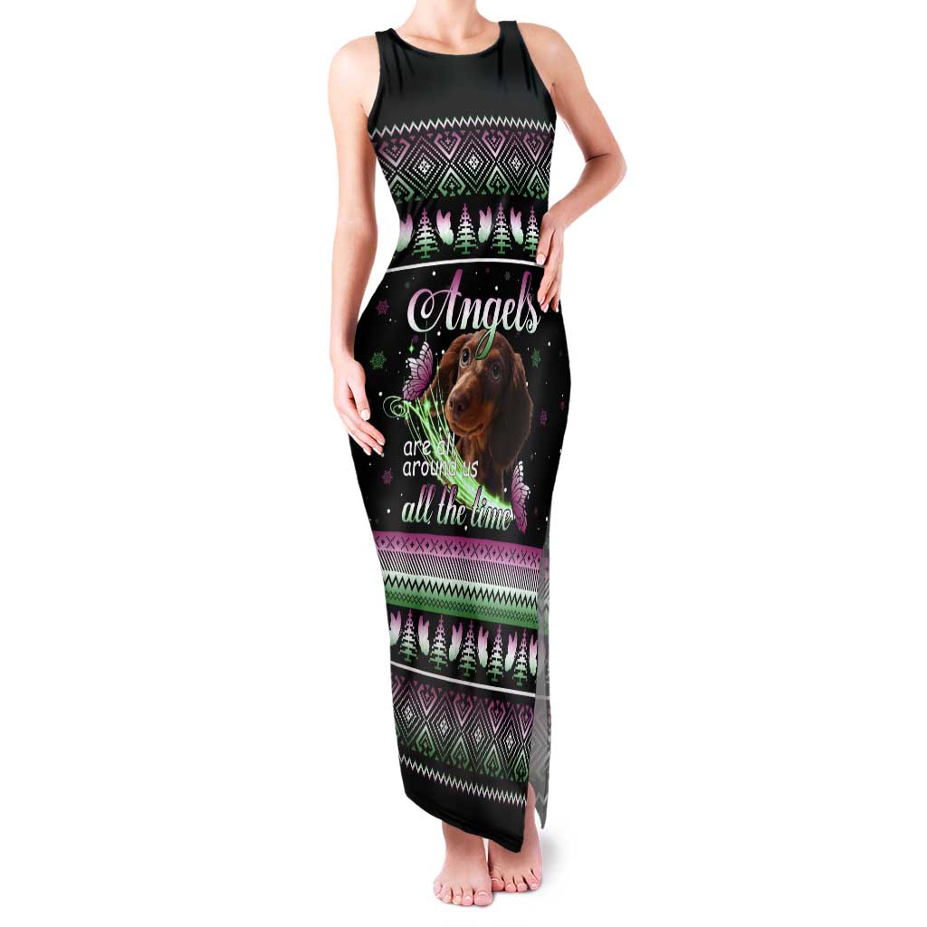 Christmas Dachshund Angel Dog Tank Maxi Dress Pink Green Tree Feather Pattern Design - Wonder Print Shop