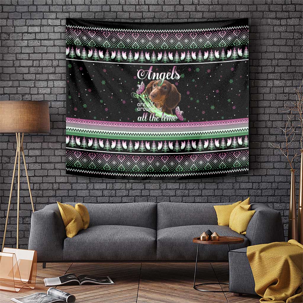 Christmas Dachshund Angel Dog Tapestry Pink Green Tree Feather Pattern Design - Wonder Print Shop
