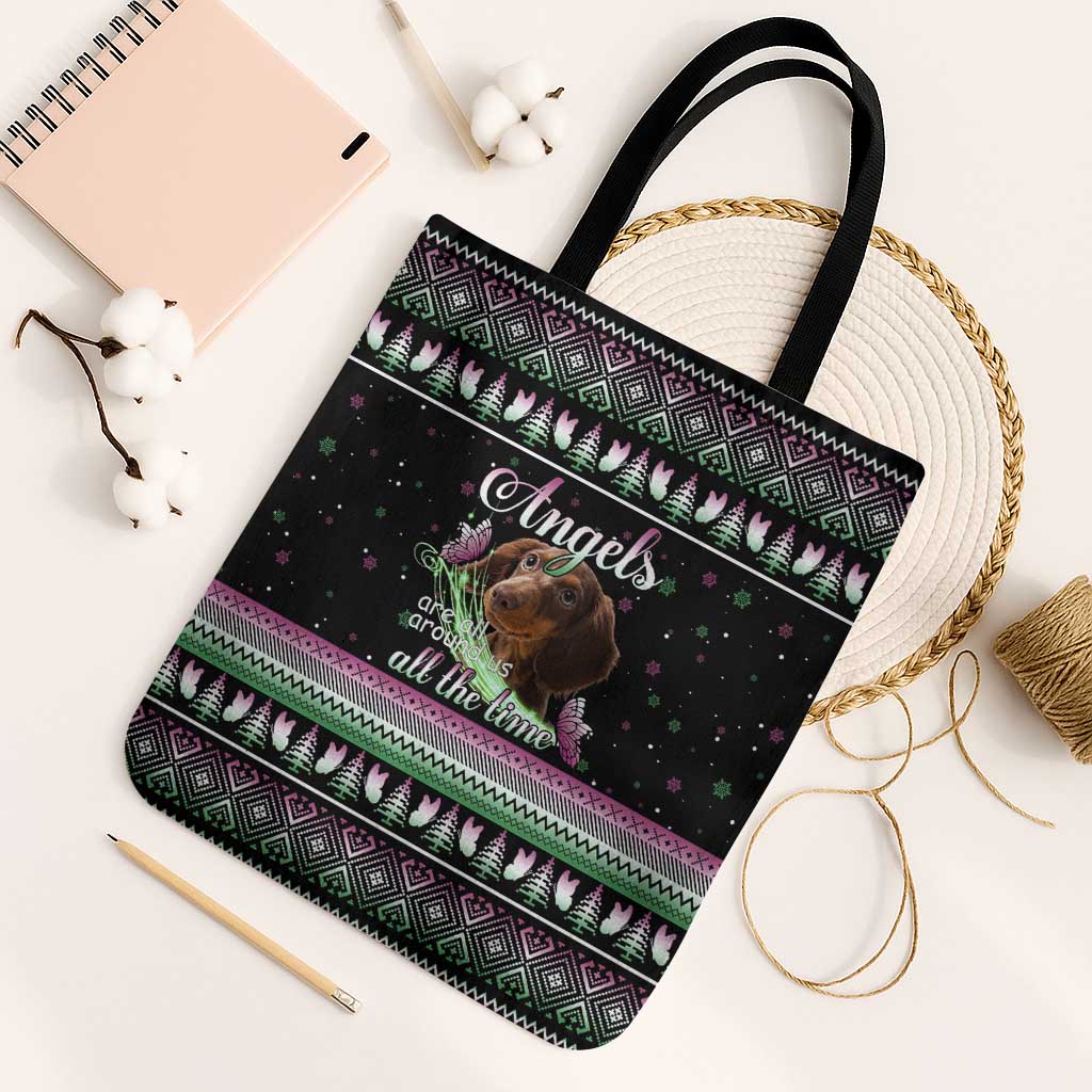 Christmas Dachshund Angel Dog Tote Bag Pink Green Tree Feather Pattern Design - Wonder Print Shop