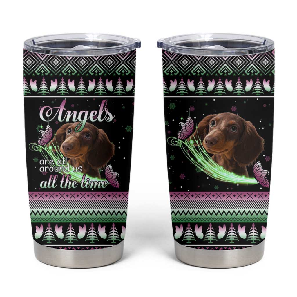 Christmas Dachshund Angel Dog Tumbler Cup Pink Green Tree Feather Pattern Design - Wonder Print Shop