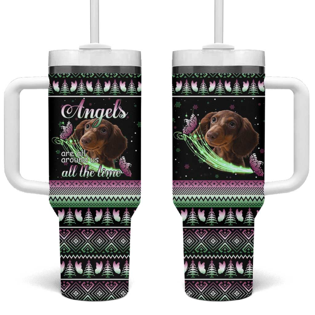 Christmas Dachshund Angel Dog Tumbler With Handle Pink Green Tree Feather Pattern Design - Wonder Print Shop