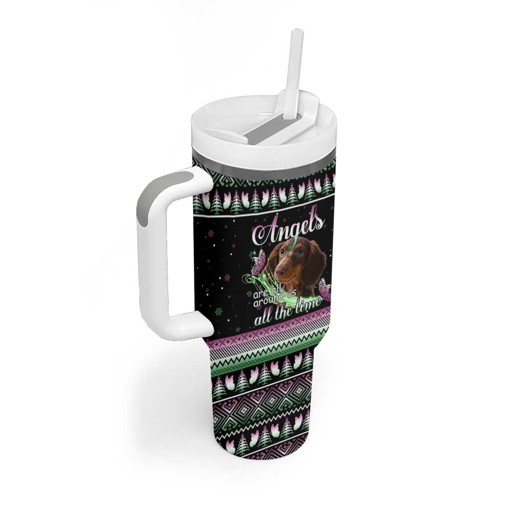 Christmas Dachshund Angel Dog Tumbler With Handle Pink Green Tree Feather Pattern Design - Wonder Print Shop