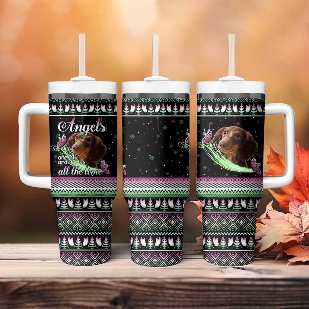 Christmas Dachshund Angel Dog Tumbler With Handle Pink Green Tree Feather Pattern Design - Wonder Print Shop