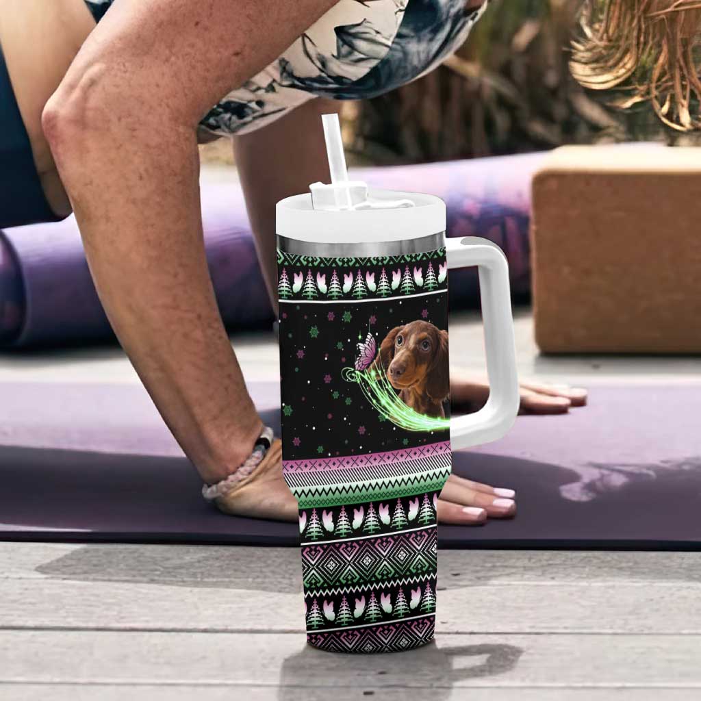 Christmas Dachshund Angel Dog Tumbler With Handle Pink Green Tree Feather Pattern Design - Wonder Print Shop