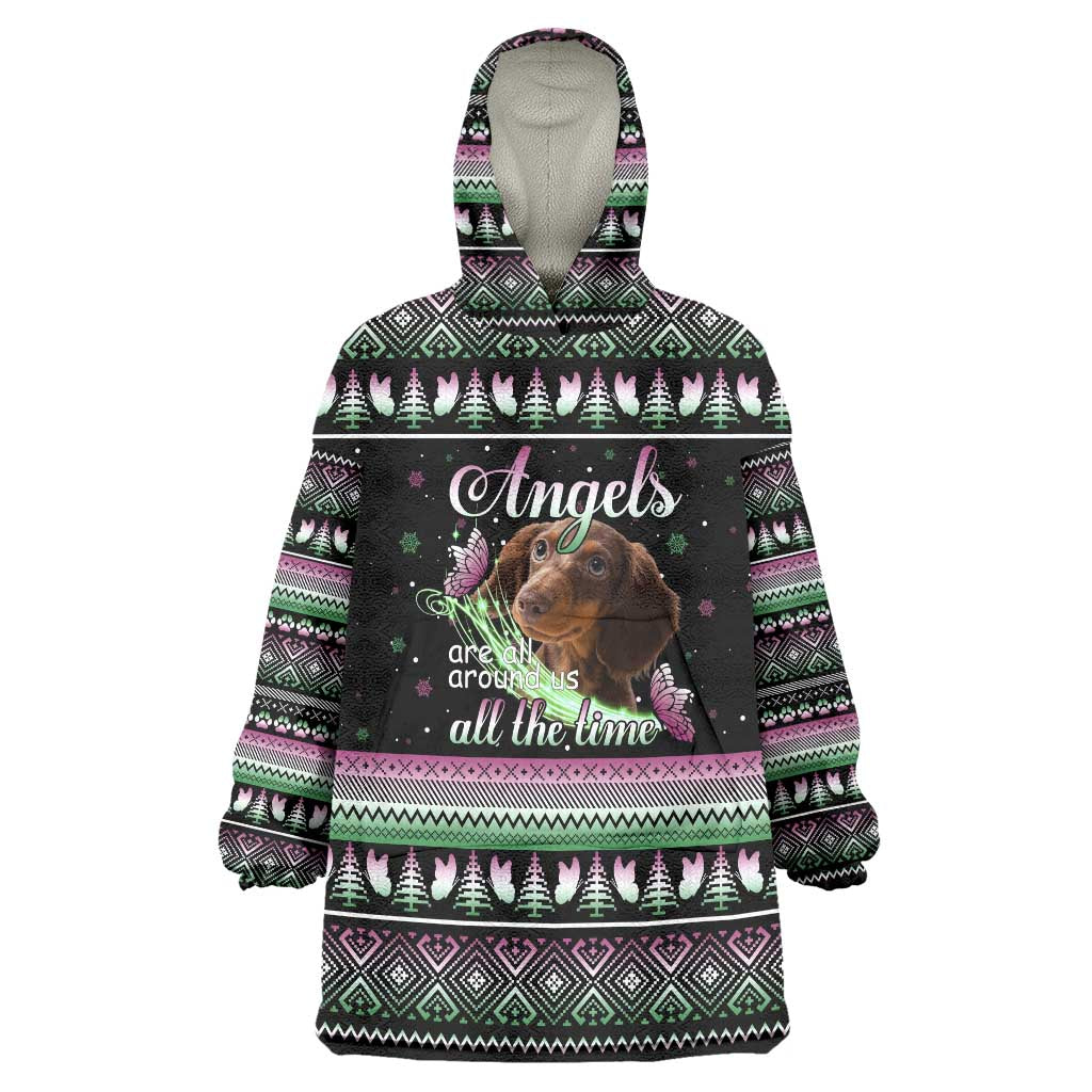 Christmas Dachshund Angel Dog Wearable Blanket Hoodie Pink Green Tree Feather Pattern Design - Wonder Print Shop