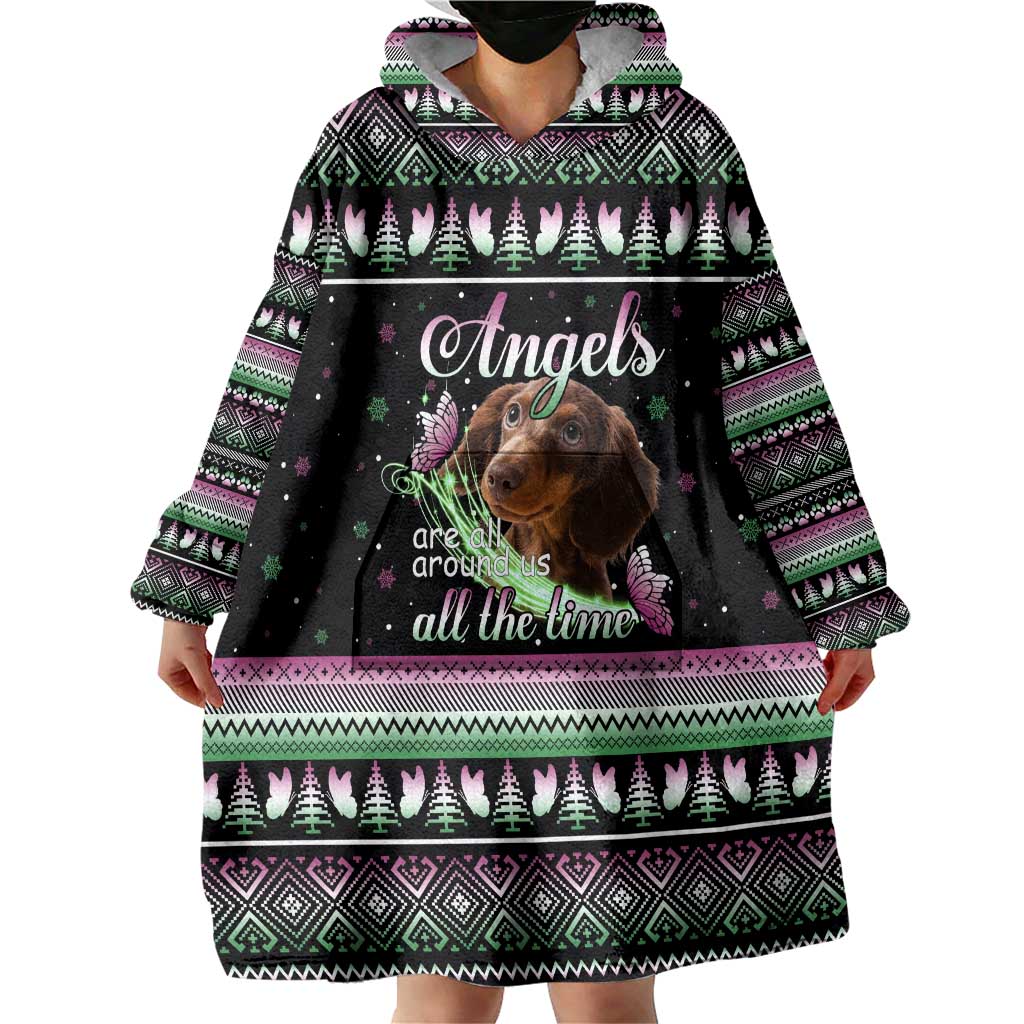 Christmas Dachshund Angel Dog Wearable Blanket Hoodie Pink Green Tree Feather Pattern Design - Wonder Print Shop