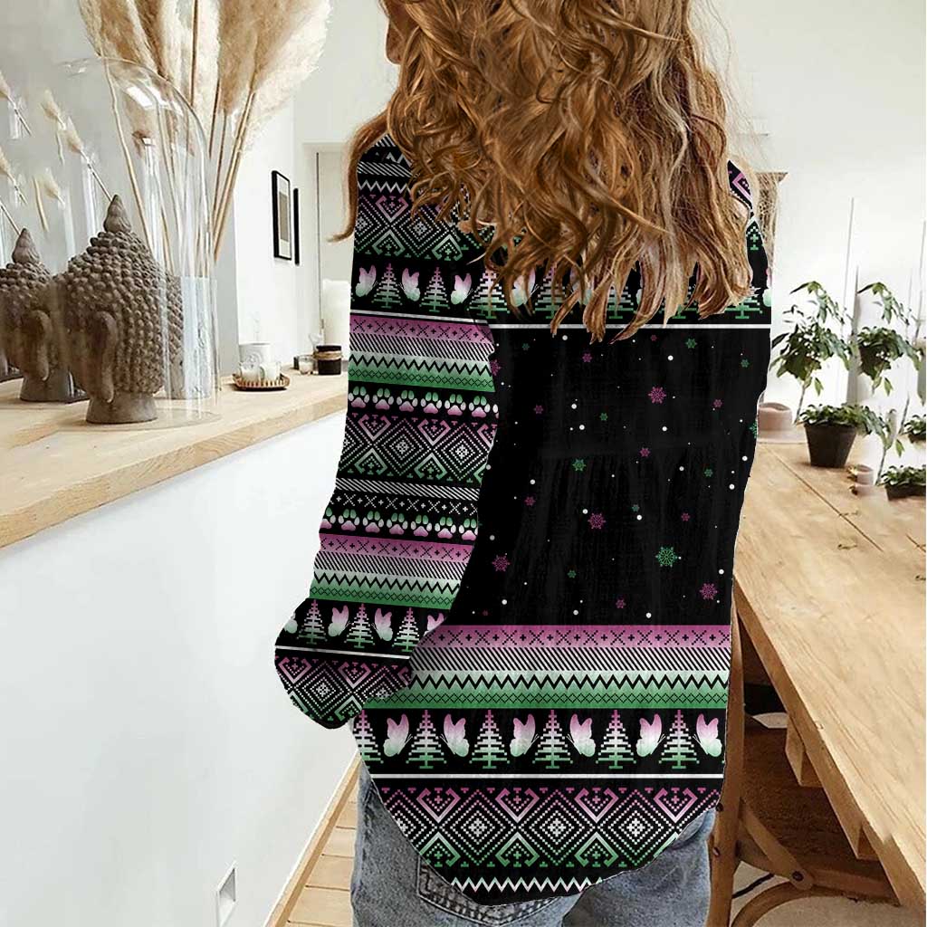 Christmas Dachshund Angel Dog Women Casual Shirt Pink Green Tree Feather Pattern Design - Wonder Print Shop