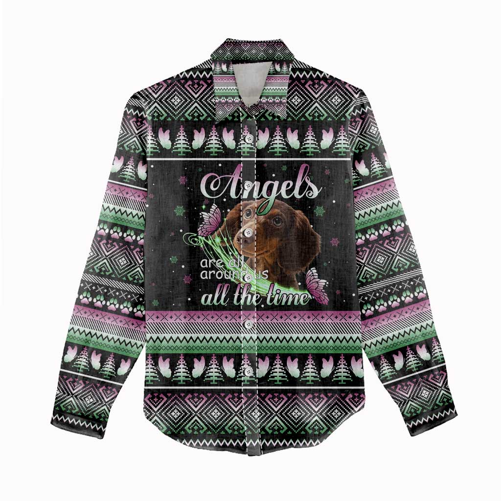 Christmas Dachshund Angel Dog Women Casual Shirt Pink Green Tree Feather Pattern Design - Wonder Print Shop