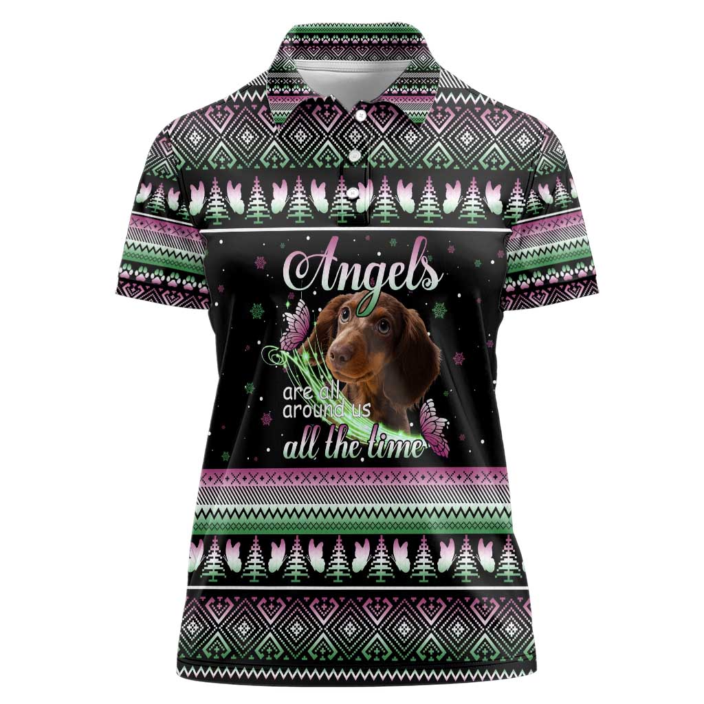 Christmas Dachshund Angel Dog Women Polo Shirt Pink Green Tree Feather Pattern Design - Wonder Print Shop