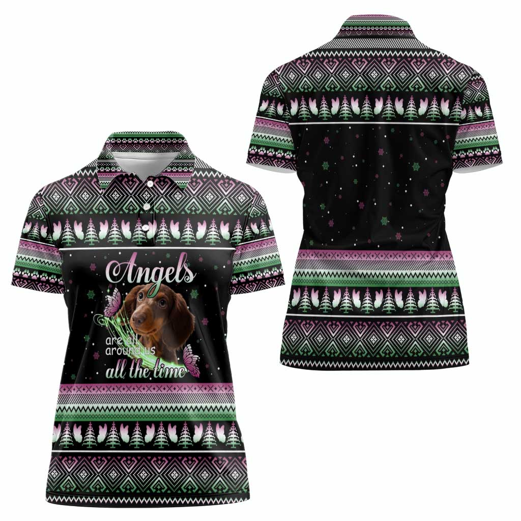 Christmas Dachshund Angel Dog Women Polo Shirt Pink Green Tree Feather Pattern Design - Wonder Print Shop
