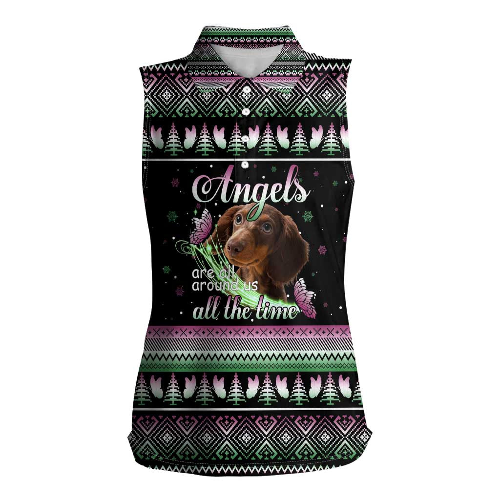 Christmas Dachshund Angel Dog Women Sleeveless Polo Shirt Pink Green Tree Feather Pattern Design - Wonder Print Shop